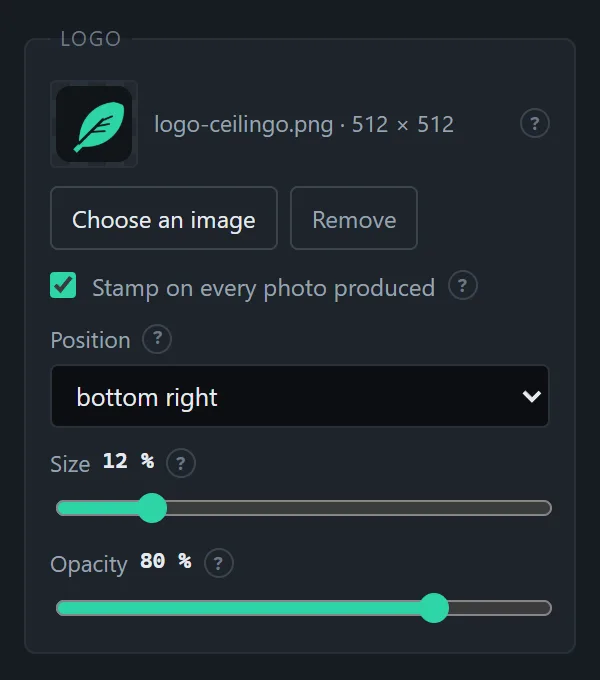 The Logo block of the settings: the chosen image, the Stamp box, position, size and opacity.