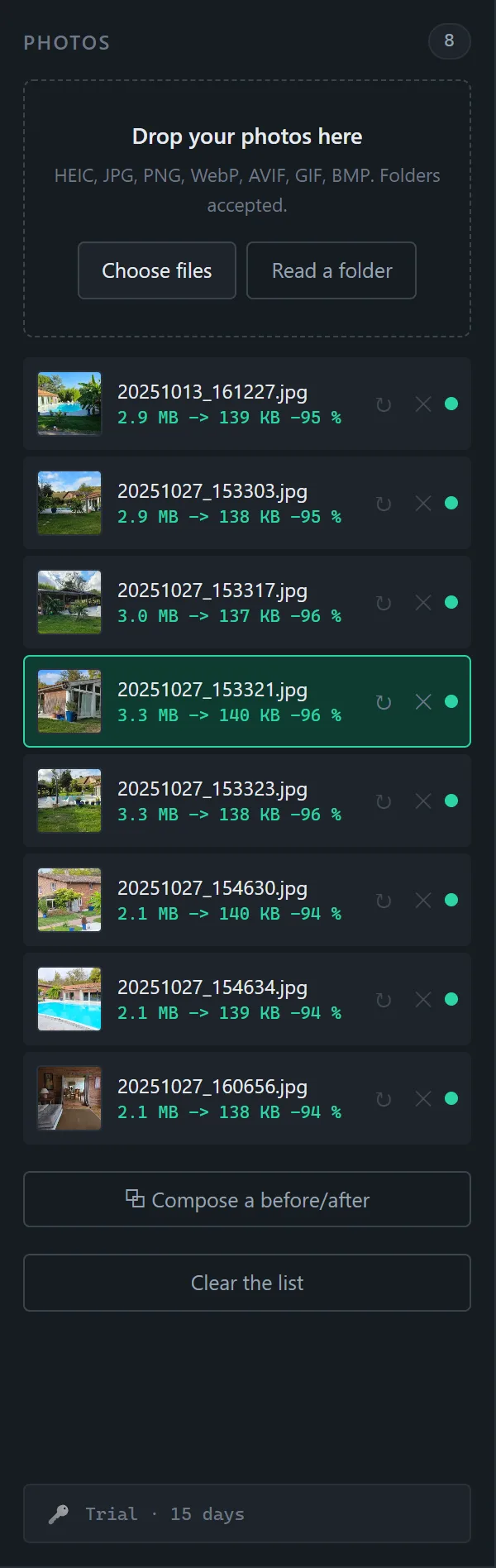 A batch of eight phone photos converted, each line showing the weight before, the weight after and the percentage saved.