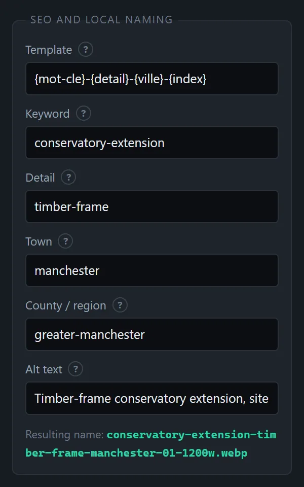 The naming block for Google, with the template and its variables and the preview of the resulting name.
