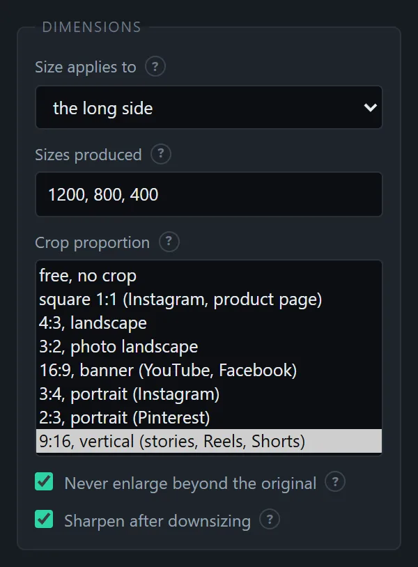 The dimensions setting: the constraint on the width or the long side, and the list of sizes produced.
