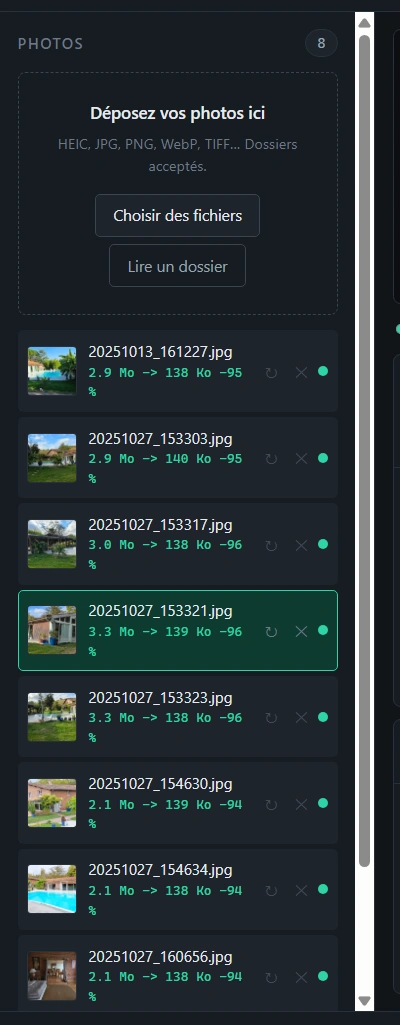 Un lot de huit photos de téléphone converties, chaque ligne affichant le poids avant, le poids après et le pourcentage gagné.