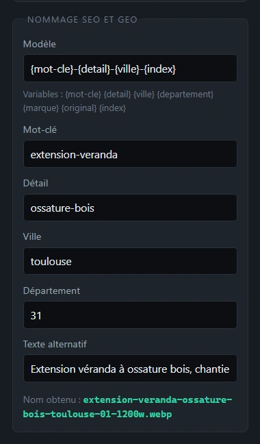 Le bloc de nommage SEO et GEO, avec le modèle à variables et l'aperçu du nom obtenu.