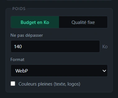 Le réglage du poids : un plafond en kilo-octets, le choix entre budget et qualité fixe, et le format de sortie.