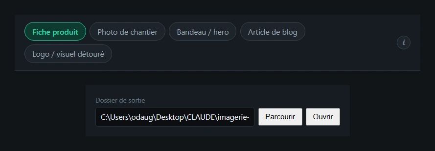 Les cinq profils livrés avec Poids Plume, et le champ du dossier de sortie retenu par profil.