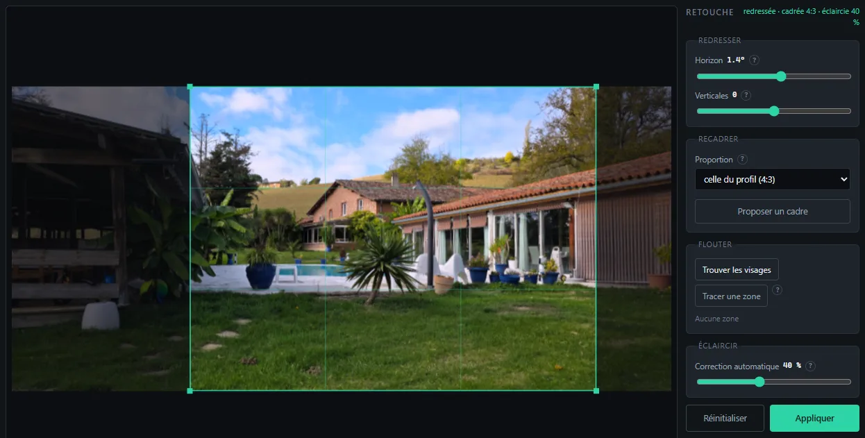 L'éditeur de retouche : la photo avec son cadre 4:3 proposé, les curseurs d'horizon et de verticales, la correction automatique.